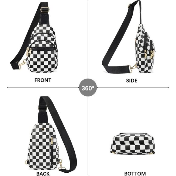 Women Checkered Black Imported PU Leather Small Crossbody Chest Sling Travel Bag - Picture 8 of 8